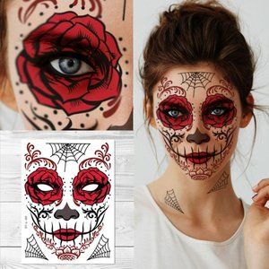 Supperb Halloween Face Tattoo Day of the Dead Sugar Skull Red Rose Temporary Fac